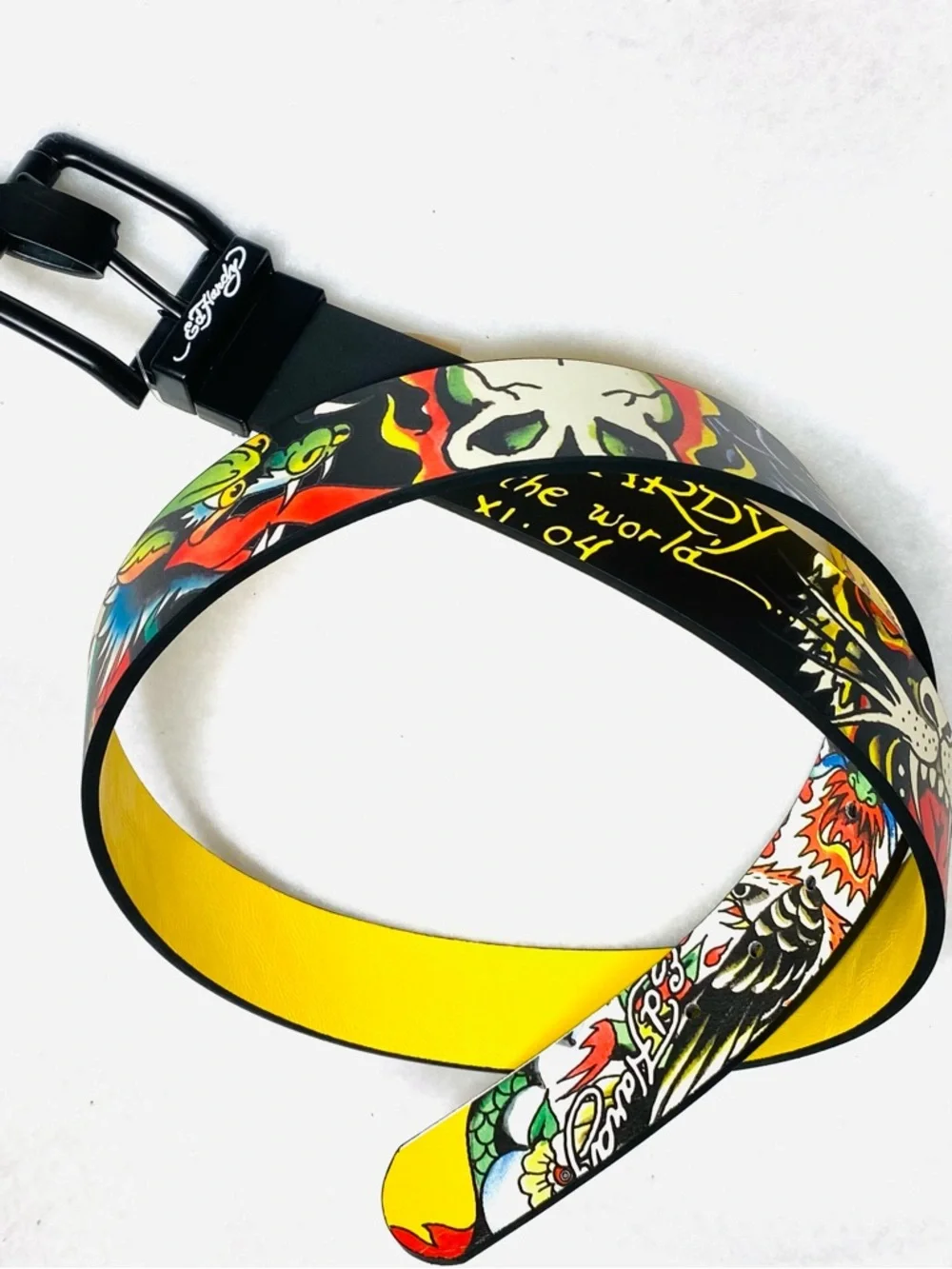 Ed Hardy Reversible Mens Belt 36 Tattoo Graphic Black Yellow Dragon Buckle NWT